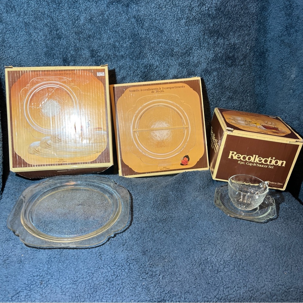 Vtg Indiana Glass RECOLLECTION Clear 13pc Starter Set Service For 3 NIB